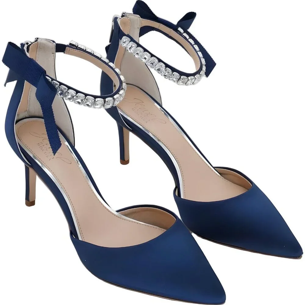 Jewel Badgley Mischka Jaycee Rhinestone Bow Heels Navy Women's US 6.5 - Picture 4 of 6